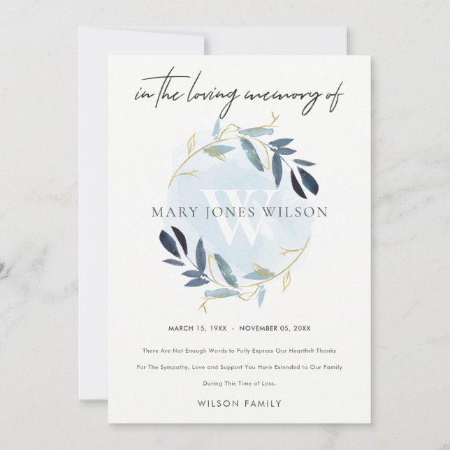 Cartão De Agradecimento MEMORIAL Dourado AQUA BLUE FOLIAGE WREATH SYMPATHY (Frente)