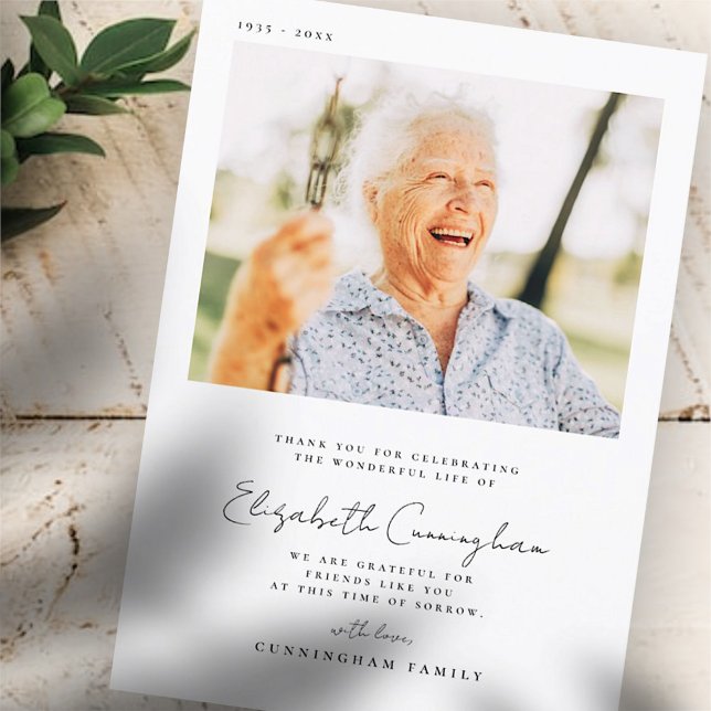 Cartão De Agradecimento Memorial Funeral Elegante Foto Simples Moderna Chi (Criador carregado)