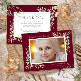 Cartão De Agradecimento Memorial Funeral Greenery Burgundy Foto