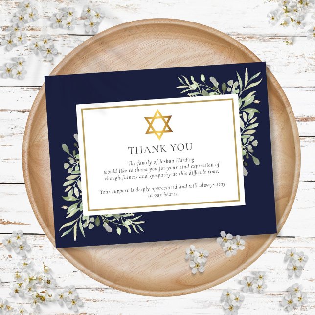 Cartão De Agradecimento Memorial Funeral Judaico Foliage Estrela Dourada D (Jewish Funeral Memorial Foliage Gold Star Of David Thank You Card)