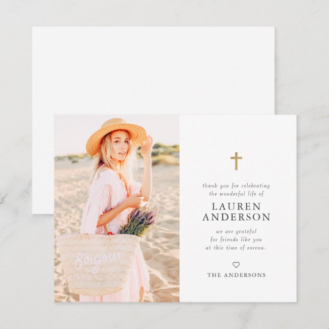 Cartão De Agradecimento Memorial Funeral Moderno Simples Cruz Chic Dourada (Frente/Verso)