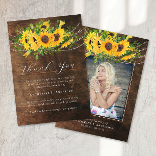 Cartão De Agradecimento Memorial Funeral Rustic Sunflower Photo Sympathy