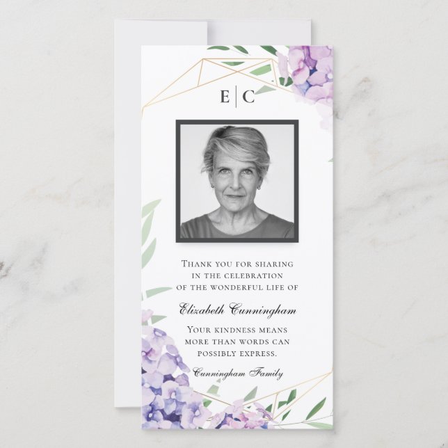 Cartão De Agradecimento Memorial Geométrico Hidrangea Lilac (Frente)