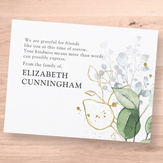 Cartão De Agradecimento Memorial Modern Watercolor Foliage (Criador carregado)