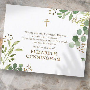Cartão De Agradecimento Memorial Modern Watercolor Foliage Dourada Cross