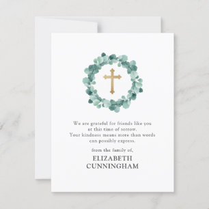 Cartão De Agradecimento Memorial Modern Watercolor Wreath Dourado Cross