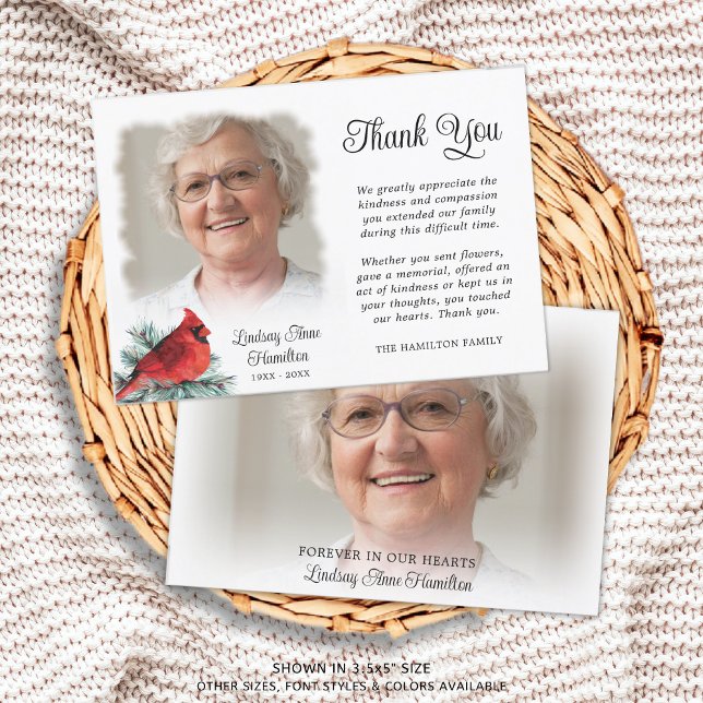 Cartão De Agradecimento Memorial Red Cardinal Evergreen 2 Fotografias Obri (Criador carregado)