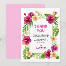 Cartão De Agradecimento Menina Aniversariante de Luau Tropical Rosa Aquare