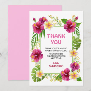 Cartão De Agradecimento Menina Aniversariante de Luau Tropical Rosa Aquare