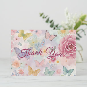 Cartão De Agradecimento Menina Aniversariante Rosa Pastel Borboleta Floral
