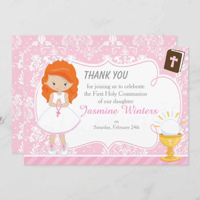 Cartão De Agradecimento Menina de Cabelo Vermelho Primeira Comunhão Obriga (Frente/Verso)