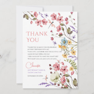 Cartão De Agradecimento Menina do Aniversário de 1 Ano com Flor Silvestre 