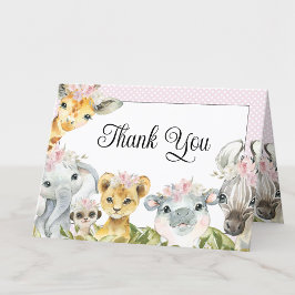 Cartão De Agradecimento Menina Floral Cor-de-Rosa Safari Chás de Bebê Obri