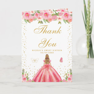 Cartão De Agradecimento Menina Loira de Cabelo Floral Rosa Sweet Sixteen