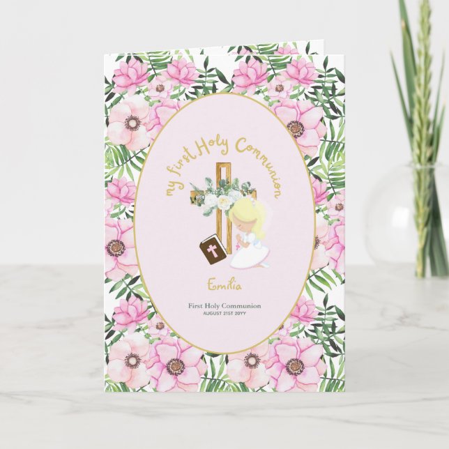 Cartão De Agradecimento Menina Loura-Lã-Justa de Primeira Comunhão Persona (Frente)