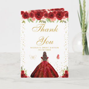 Cartão De Agradecimento Menina Morena de Cabelo Floral Vermelho Sweet Sixt