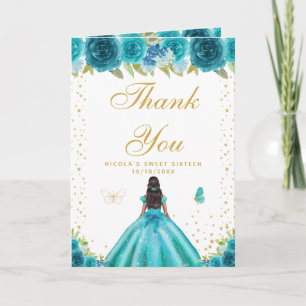 Cartão De Agradecimento Menina Negra de Dezesseis Anos com Floral Azul Tur