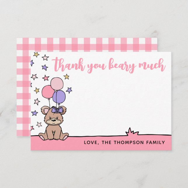 Cartão De Agradecimento Menina Rosa Chá de Bebê Obrigada, Ursinho (Frente/Verso)