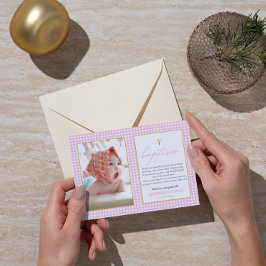 Cartão De Agradecimento Menina Rosa Gingham Baptism Coração Nota de Gratid