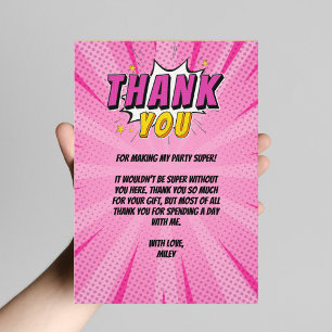 Cartão De Agradecimento Menina Super-Heroína de Quadrinhos Rosa Aniversári