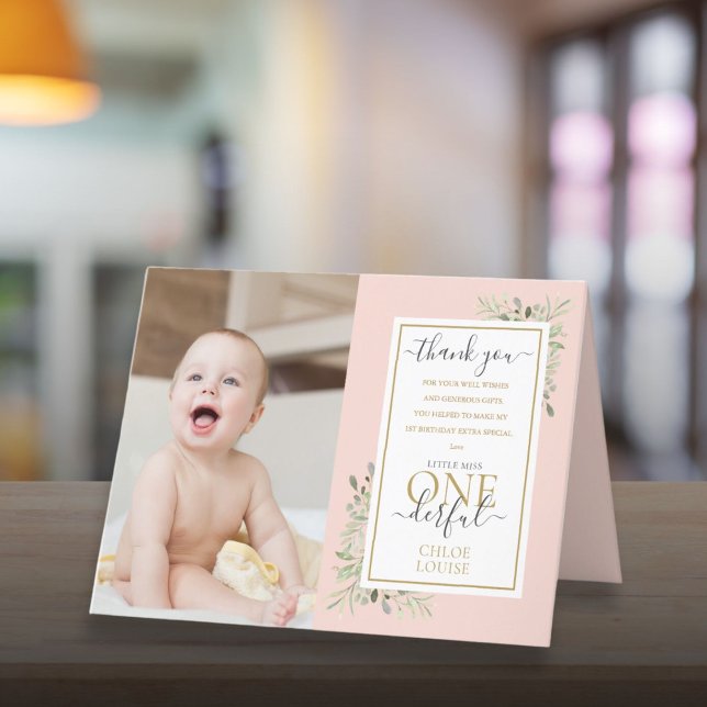 Cartão De Agradecimento Menina Uma primeiro aniversario Maravilhosa Foto R (Little Miss ONEderful 1st Birthday Photo Pink Girl Thank You Card)