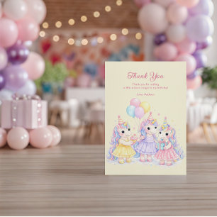 Cartão De Agradecimento Meninas Unicórnio Aniversário Aquarela Pastel