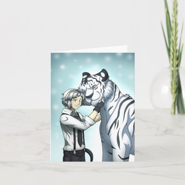 Cartão De Agradecimento Menino com Tigre Branco (Frente)