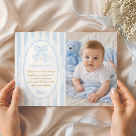 Cartão De Agradecimento Menino de Arco Azul Elegante Batismo Foto Flat