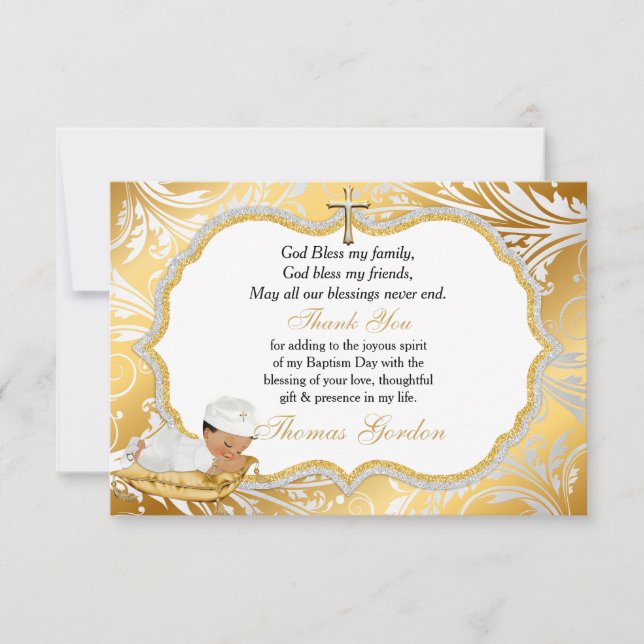 Cartão De Agradecimento Menino Étnico Batismo Dourado Cruz Obrigado (Frente)