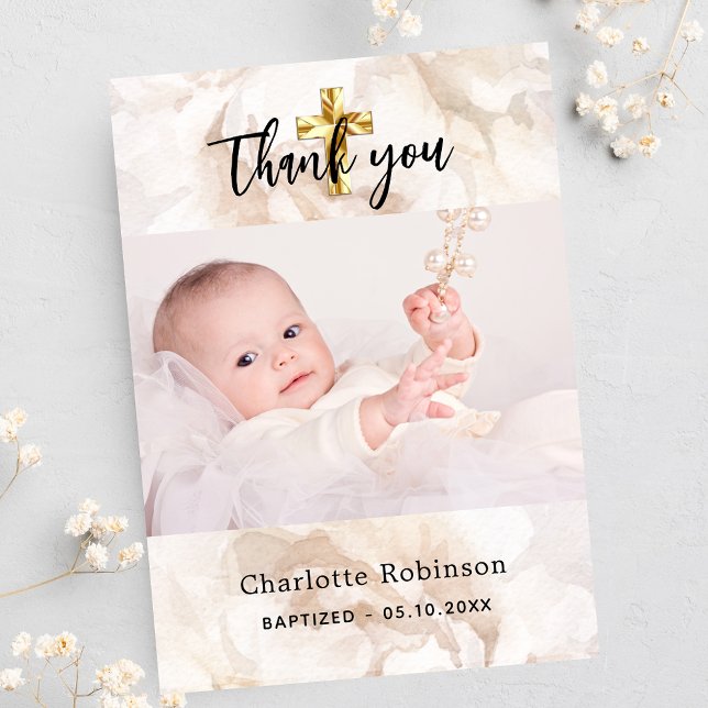 Cartão De Agradecimento Menino floral branco de fotografia Baptism (Criador carregado)