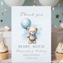 Cartão De Agradecimento Menino Urso de Pelúcia Balão Azul Churrasco de Beb