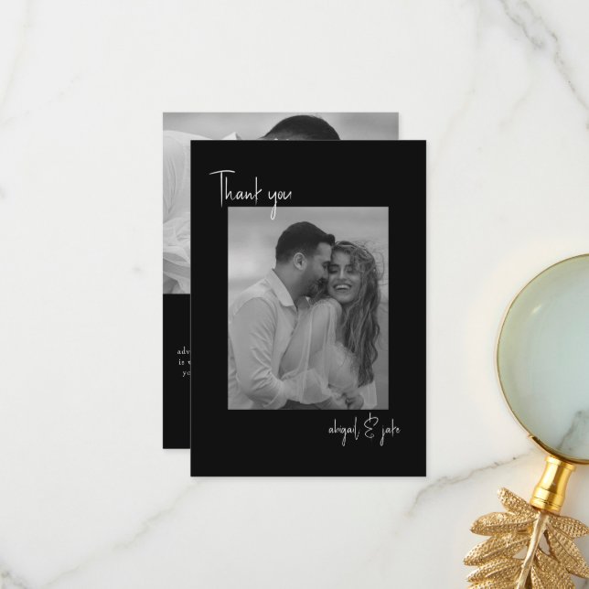 Cartão De Agradecimento Mensagem de casamento de duas fotos pretas Casais  (Frente/Verso In Situ)