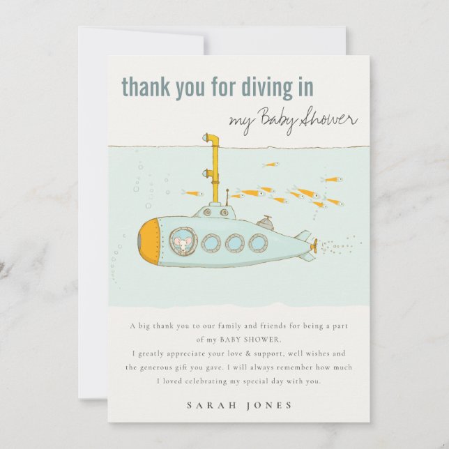 Cartão De Agradecimento Mergulho Em Chá de fraldas Submarino Submarino Sub (Frente)