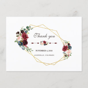 Cartão De Agradecimento Merlot Azul Marinho Floral Dourado Obrigada