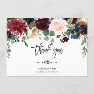 Cartão De Agradecimento Merlot Naval Floral Casamento Caligrafia Obrigado