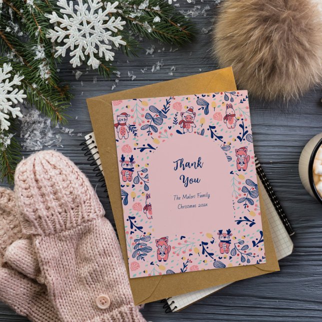 Cartão De Agradecimento Merry Christmas Woodland Friends in Winter Forest  (Criador carregado)