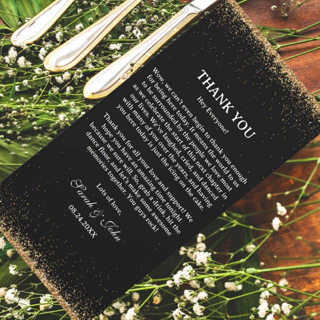 Cartão De Agradecimento Mesas de Recepção de casamento com brilho preto e  (Criador carregado)
