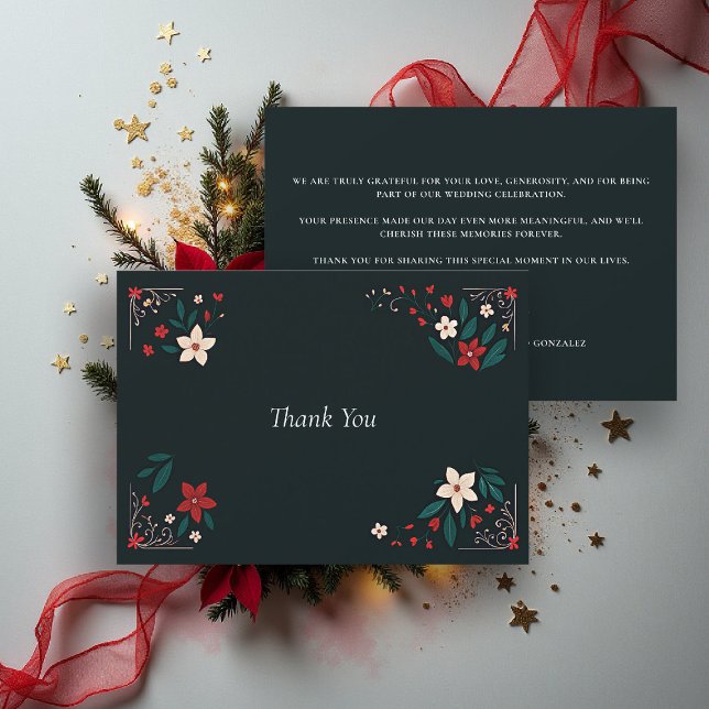 Cartão De Agradecimento Mexican Rustic Elegant Christmas Red Wedding (mexican wedding thank you card christmas theme floral botanical frame poinsettias red white black)