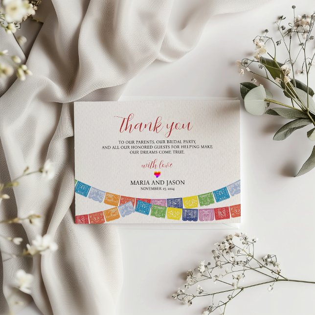 Cartão De Agradecimento Mexicano Papel Picado Elegante Casamento Boda Colo (Mexican Papel Picado Elegant Colorful Boda Wedding Thank You Card)