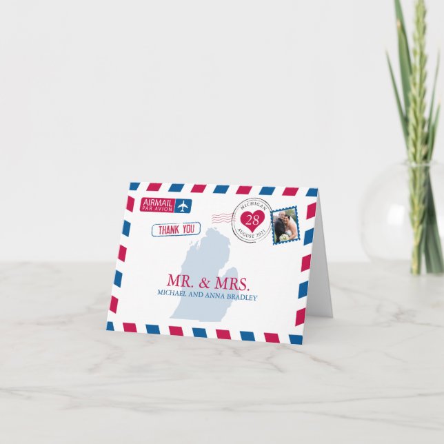 Cartão De Agradecimento Michigan EUA Correio Aéreo Casamento Obrigado (Frente)
