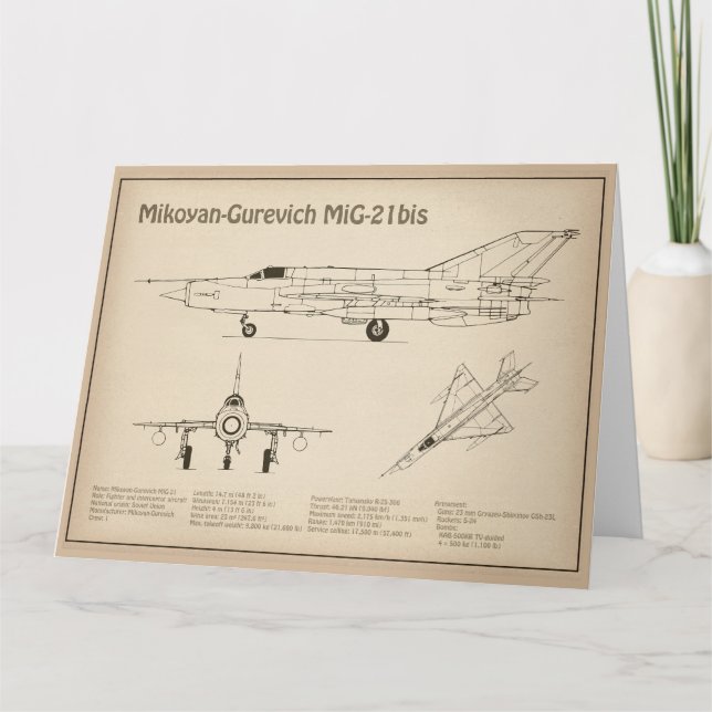Cartão De Agradecimento MiG-21 bis - Planos de Blueprint do avião SD (Frente)