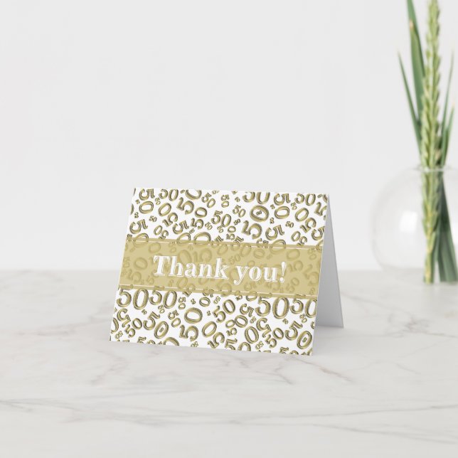 Cartão De Agradecimento Milestone 50 Random Number Pattern Gold/White (Frente)