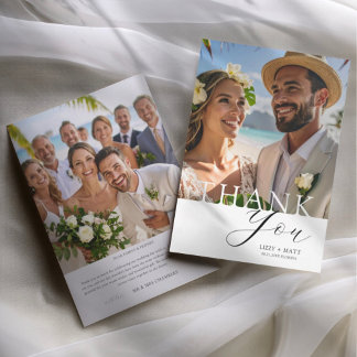 Cartão De Agradecimento Minimal black & White 2 Photo Wedding Thank You