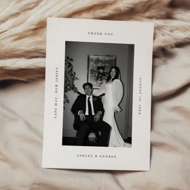 Cartão De Agradecimento Minimal Modern 2-Photo Wedding Black & White (Criador carregado)