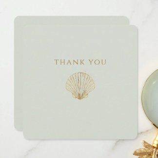 Cartão De Agradecimento Minimalist Golden Seashell Mute Sage Wedding