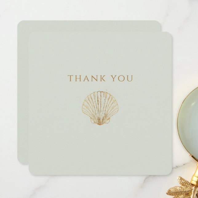 Cartão De Agradecimento Minimalist Golden Seashell Mute Sage Wedding (Criador carregado)