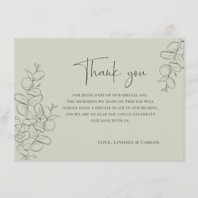 Cartão De Agradecimento Minimalist handdrawn leaves green script wedding (Frente)