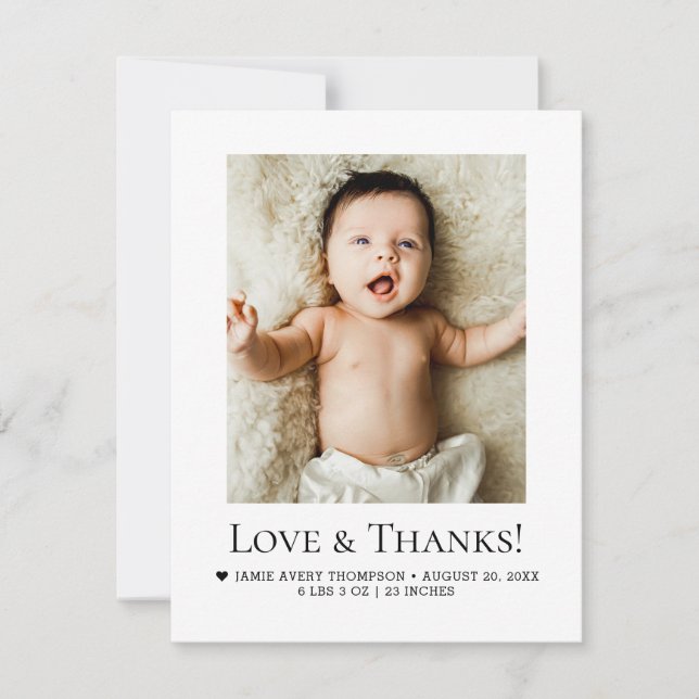 Cartão De Agradecimento Minimalist Love & Thanks Baby Photo Birth Stats (Frente)