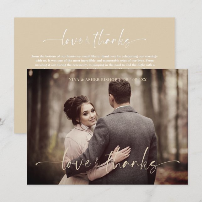 Cartão De Agradecimento Minimalist Love & Thanks Whimsical Script Wedding (Frente/Verso)