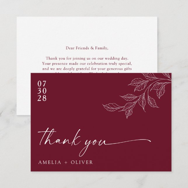 Cartão De Agradecimento Minimalist Script Burgundy Botanical Wedding (Frente/Verso)